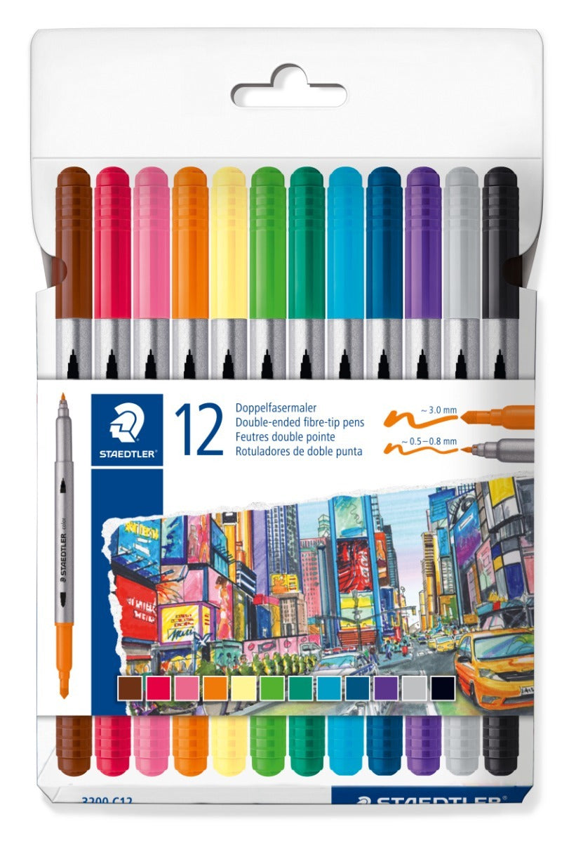 Флумастри Staedtler 3200, двувърхи, 12 цвята