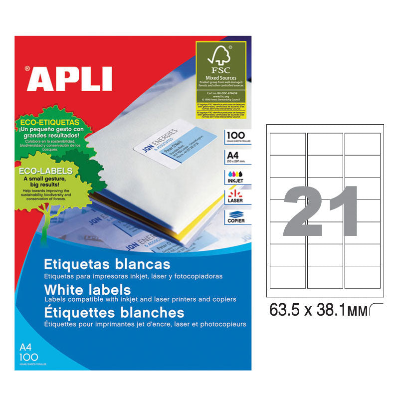 Етикети Apli, A4, бели, 63.5 х 38.1 мм, 21 бр./л., заоблени ъгли, 100 л./пак.