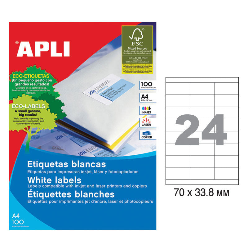 Етикети Apli, A4, бели, 70 х 33.8 мм, 24 бр./л., прави ъгли, 100 л./пак.