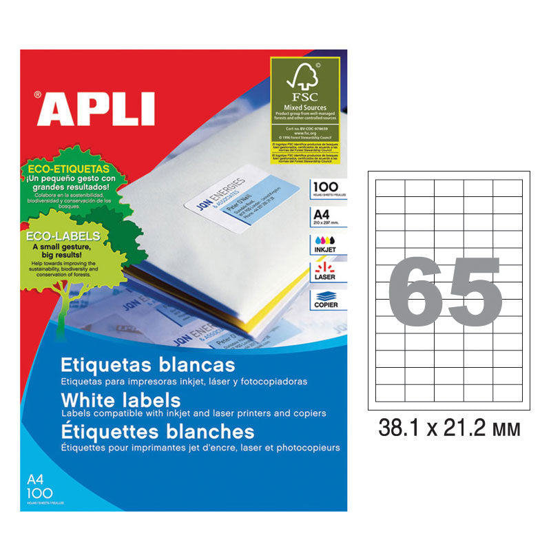 Етикети Apli, A4, бели, 38.1 х 21.2 мм, 65 бр./л., прави ъгли, 100 л./пак.