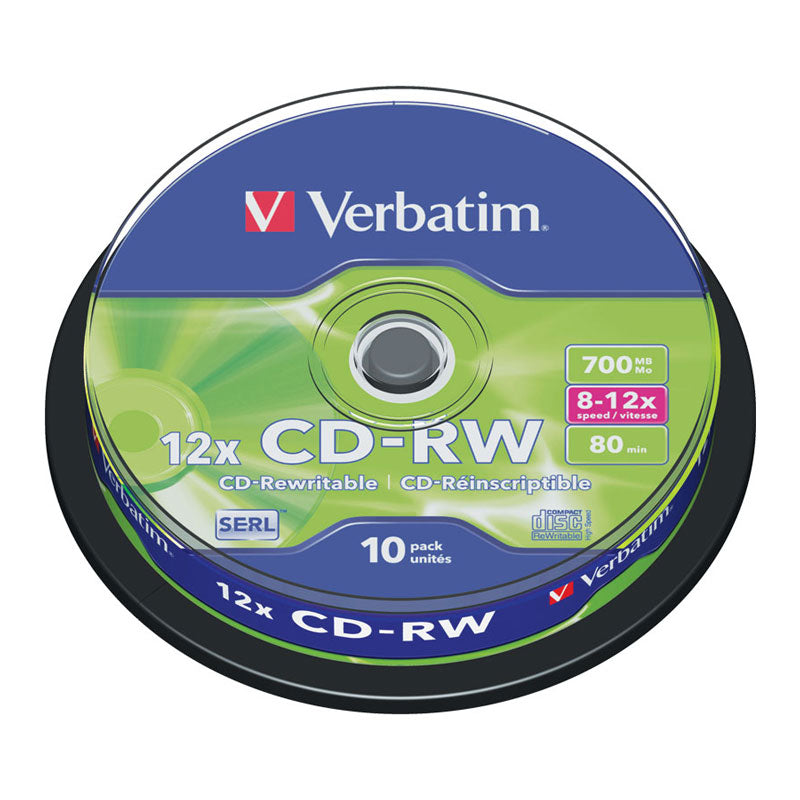 CD-RW диск VERBATIM, 700MB, 12x, шпиндел, 10 бр.